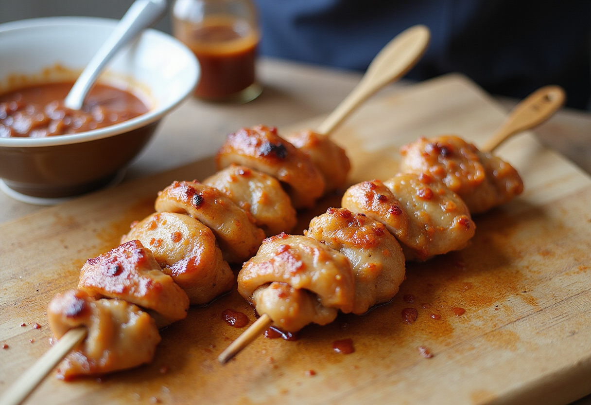 Bang Bang Chicken Skewers preparation with marinated chicken pieces on sticks, showcasing the spicy sauce for flavoring.