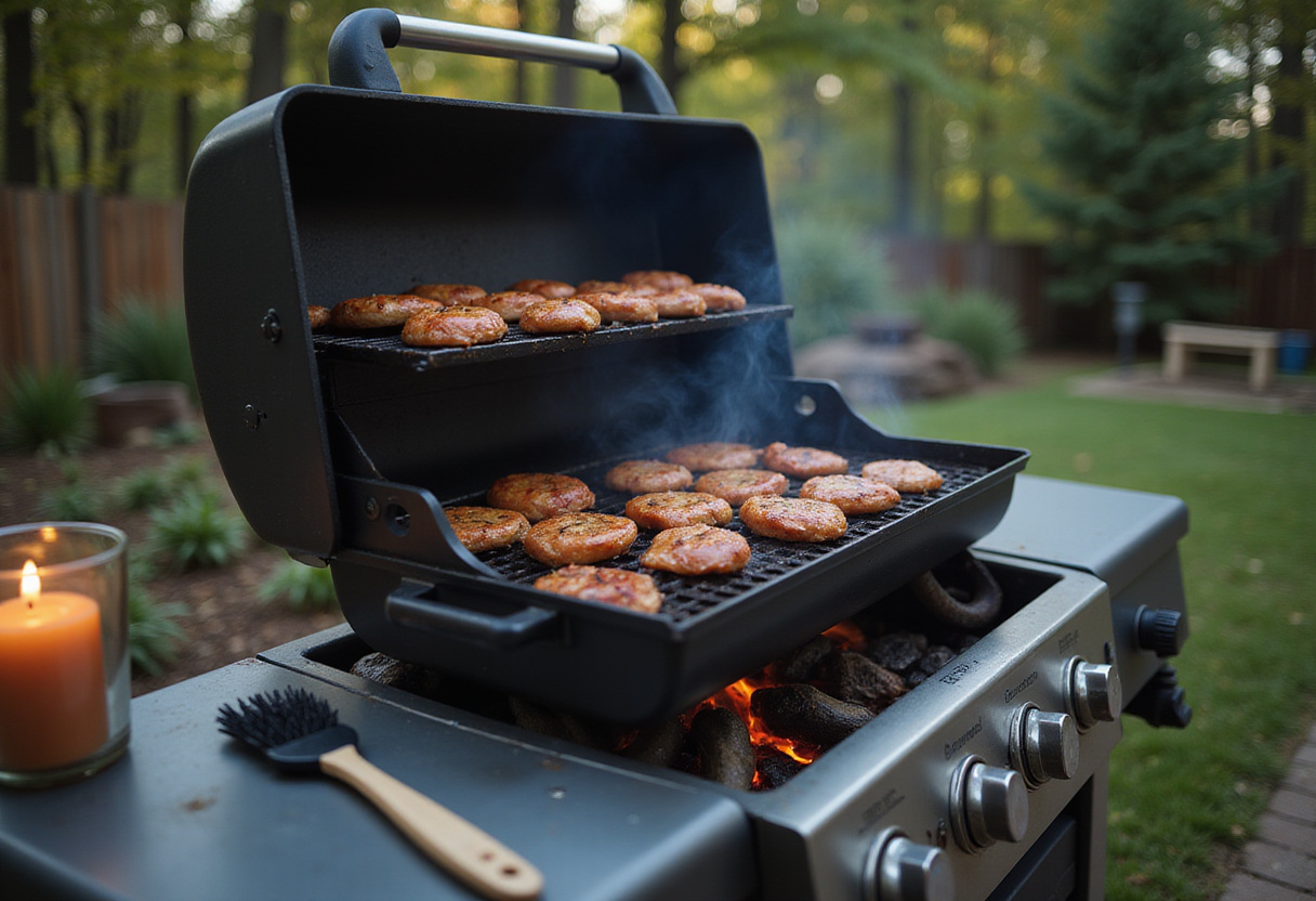 Preheating the grill for Bang Bang Chicken Skewers, with delicious flames ready to cook the marinated chicken.