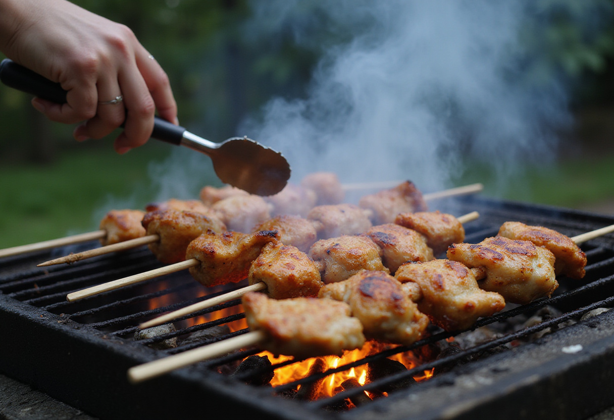 Skewered Bang Bang Chicken being grilled to perfection, highlighting the smoky flavors of the preparation process.