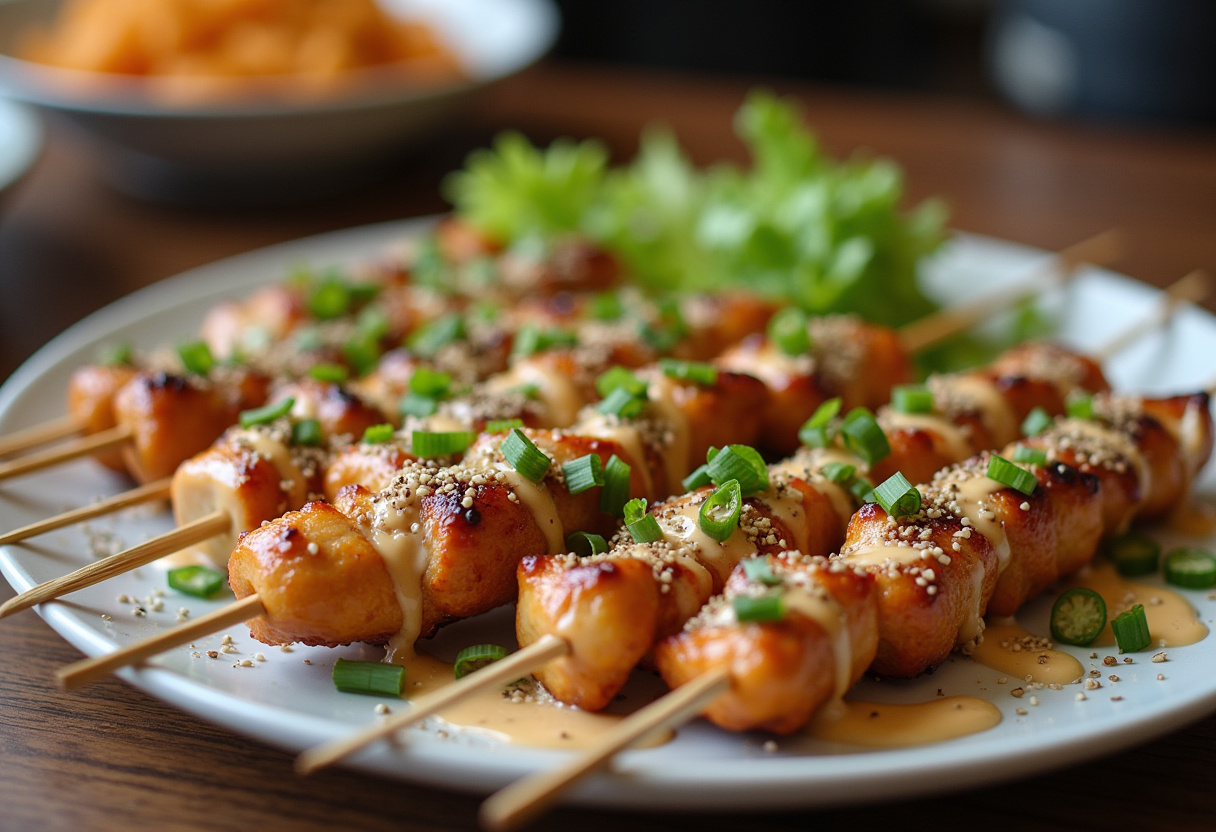 Bang Bang Chicken Skewers beautifully plated with creamy sauce and garnishes, ready to be served for a flavorful meal.