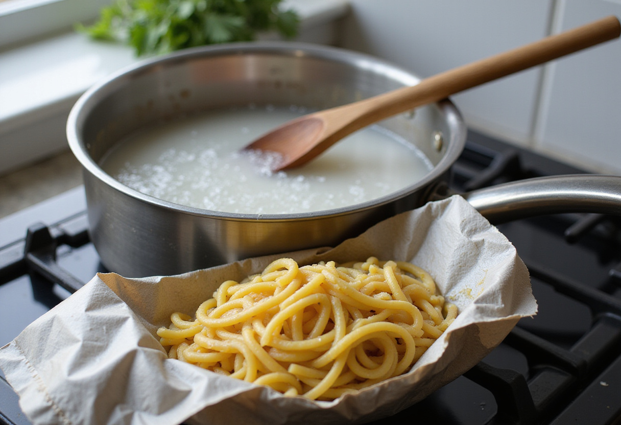 Cajun Smoked Sausage Alfredo Pasta Recipe steps, boiling water, fettuccine pasta preparation, vibrant kitchen scene.