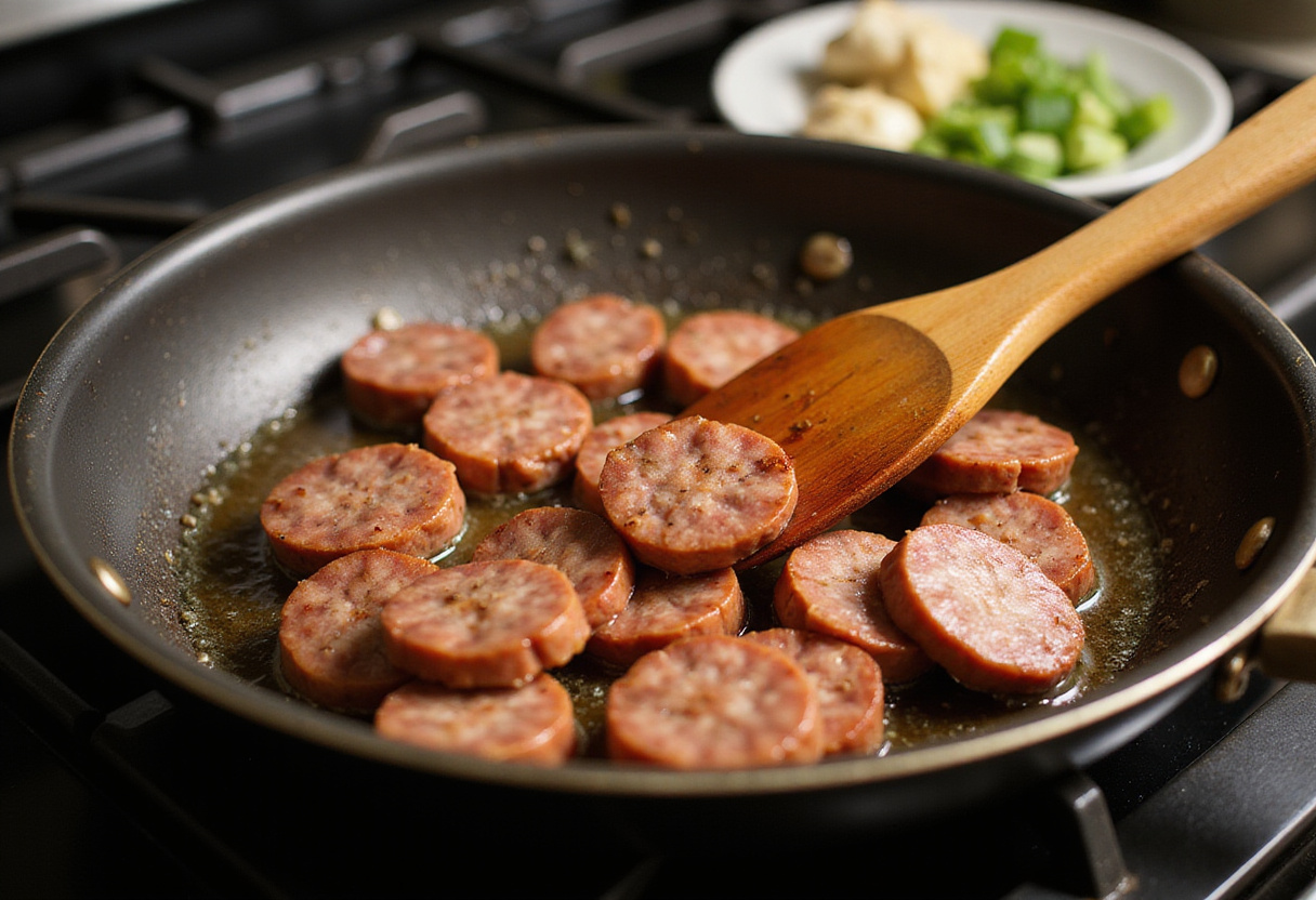 Cajun Smoked Sausage cooking in a skillet, healthy ingredients, flavorful sausage preparation for Alfredo pasta dish.