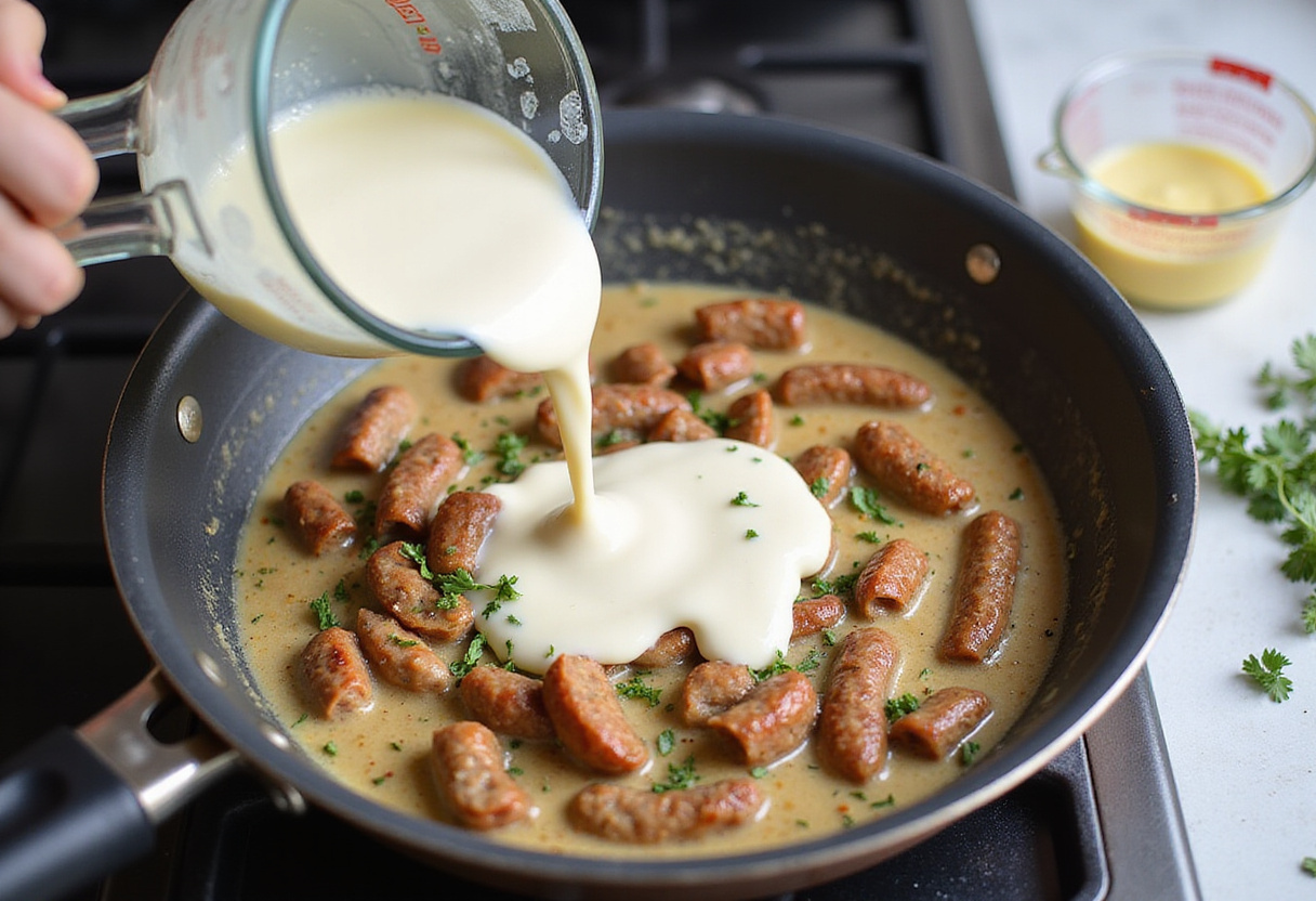 Cream sauce being prepared for Cajun Smoked Sausage Alfredo Pasta, creamy blend of flavors, cooking process in a vibrant kitchen.
