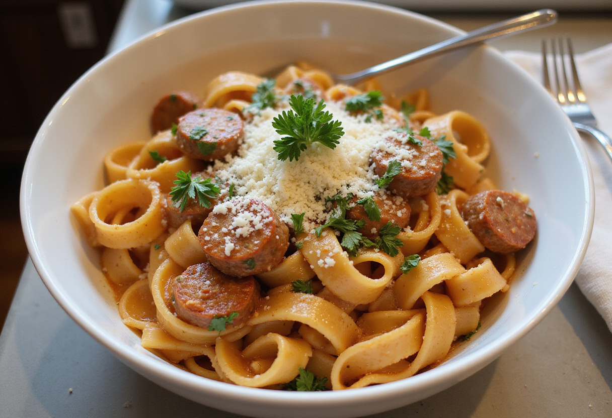 Cajun Smoked Sausage Alfredo Pasta mixed beautifully in a bowl, garnished with Parmesan cheese and fresh herbs, mouthwatering presentation.