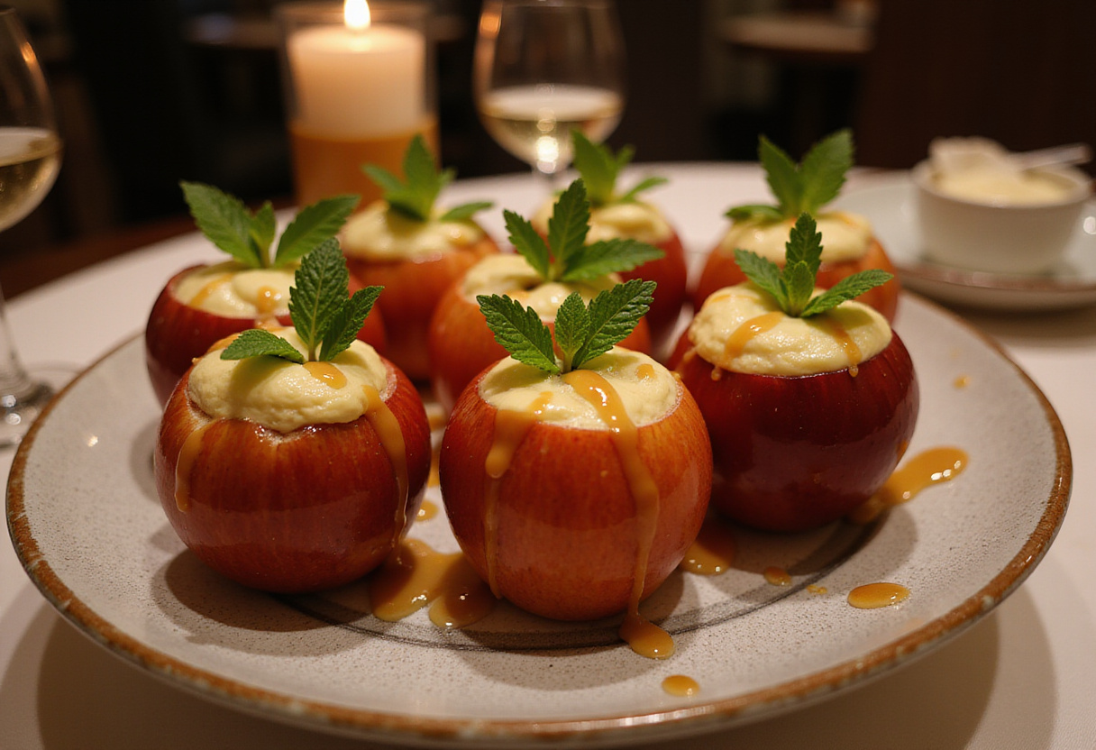 Gorgeous presentation of Cheesecake Stuffed Baked Apples served with caramel drizzle, perfect for dessert lovers.