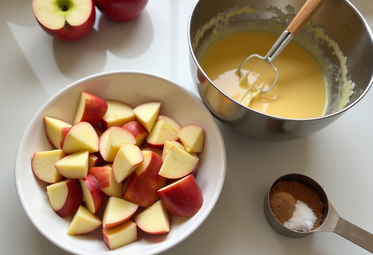 Delicious Cheesecake Stuffed Baked Apples preparation step with sliced apples, a creamy cheesecake filling, and cinnamon.