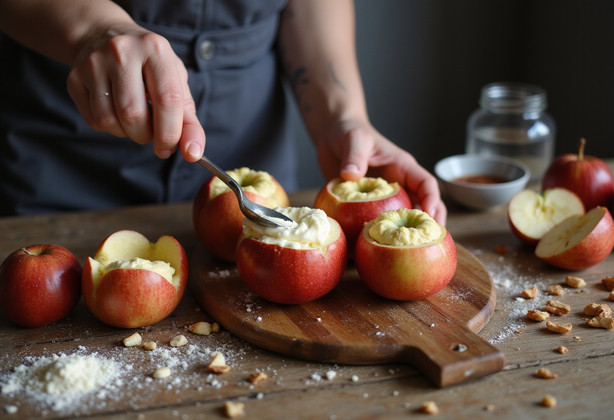 Filling hollow apples with cheesecake mixture for Cheesecake Stuffed Baked Apples, showcasing the rich creamy texture.