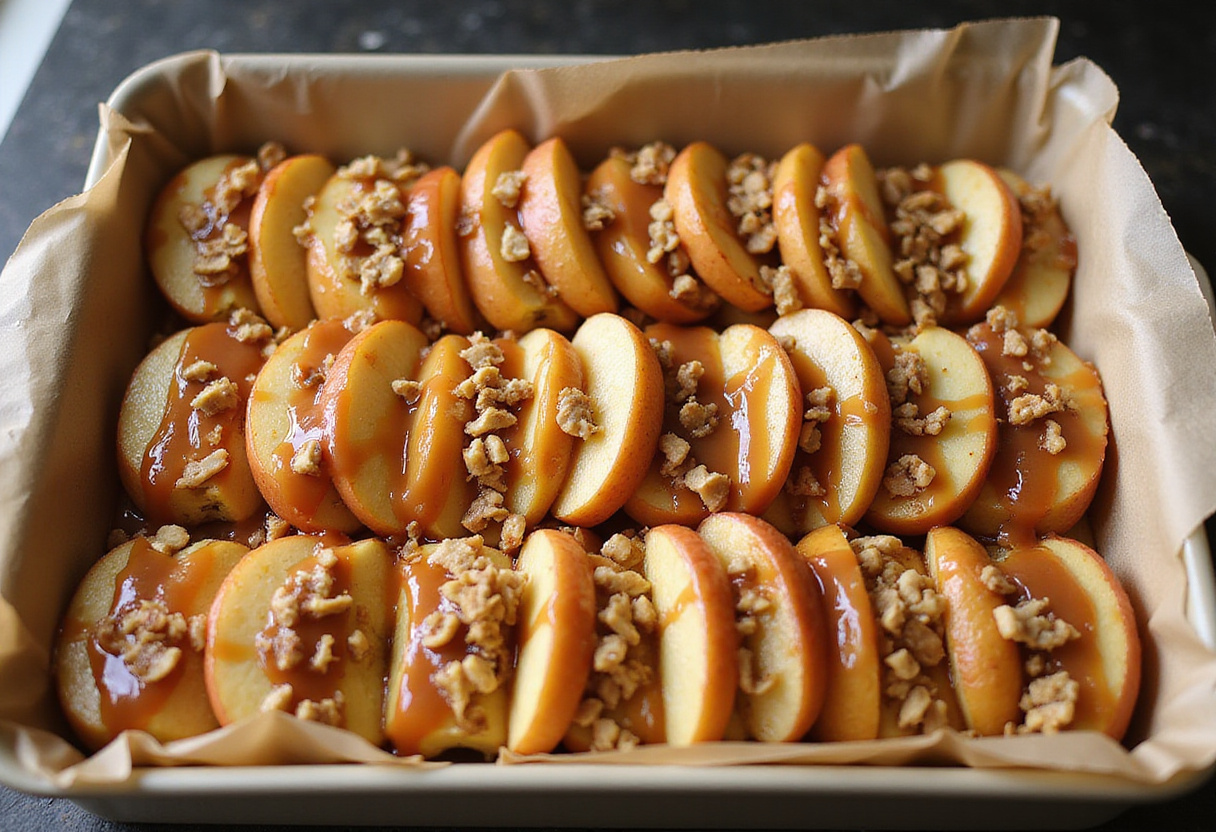 Loaded baking dish of Cheesecake Stuffed Baked Apples prepped with caramel sauce, showcasing the perfect arrangement before baking.