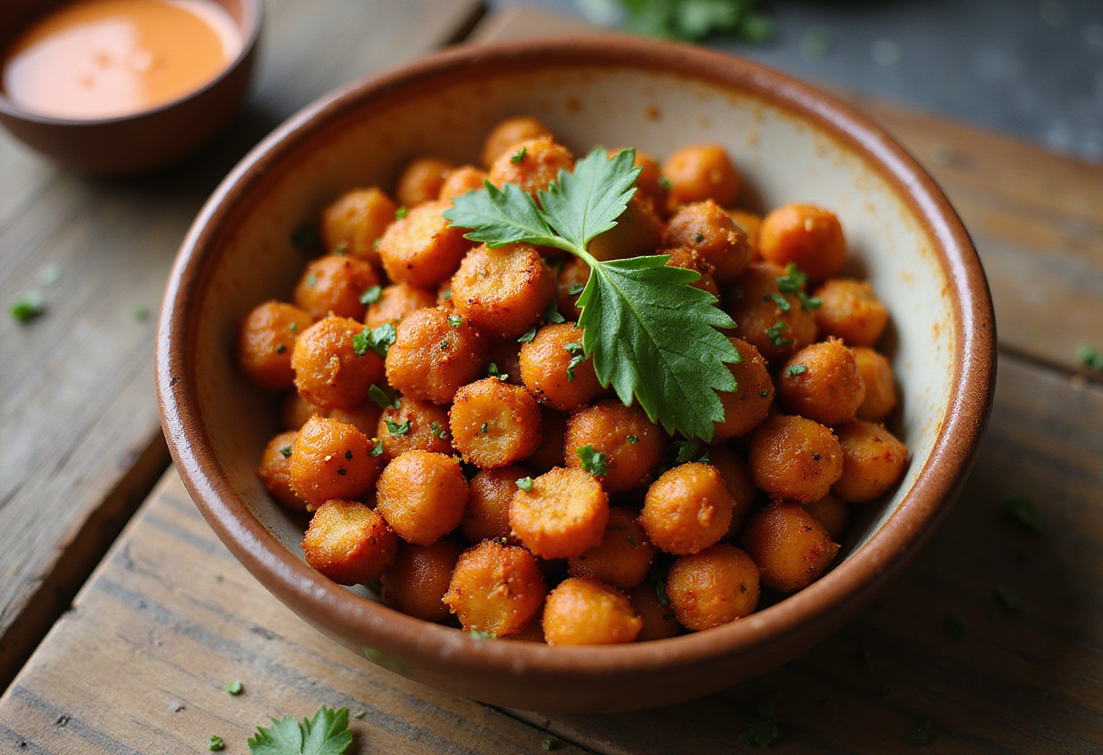 Final presentation of perfectly roasted chili chickpeas, a healthy and crunchy snack with herbs and sauce.