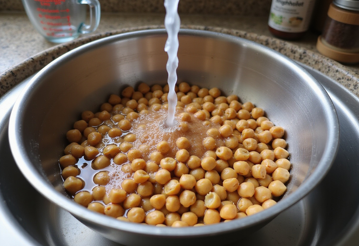 Chili roasted chickpeas preparation with rinsed chickpeas under cold water, healthy snack recipe.