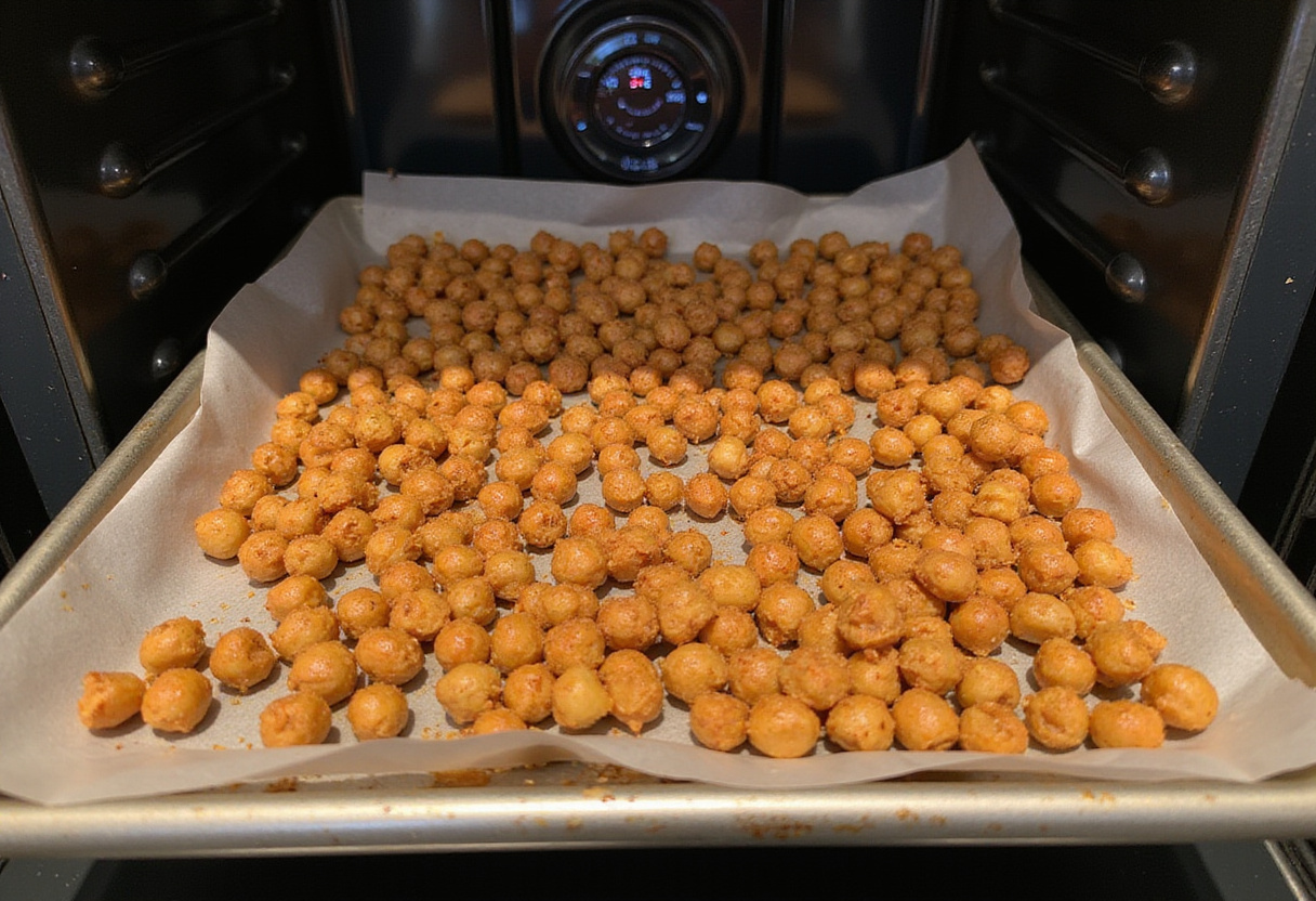 Chili roasted chickpeas spread on a cookie sheet, ready to be baked, easy healthy cooking method.