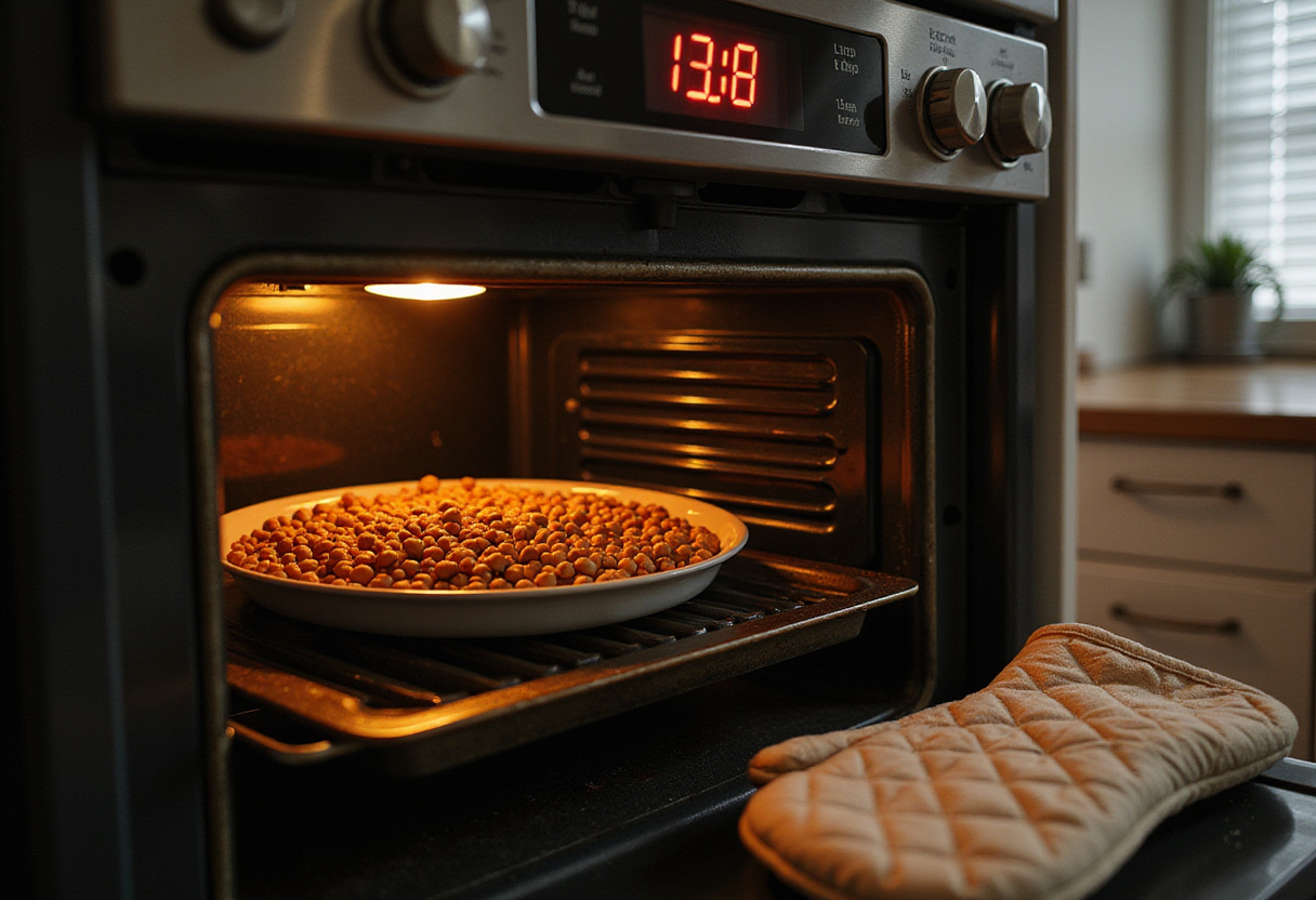 Roasting process of chili chickpeas in the oven, delicious healthy snack cooking.