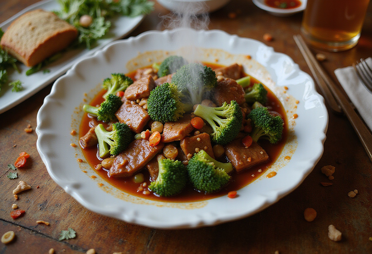 A final beautifully presented dish of Chinese Beef and Broccoli, capturing the rich colors and textures, perfect for enticing food lovers.