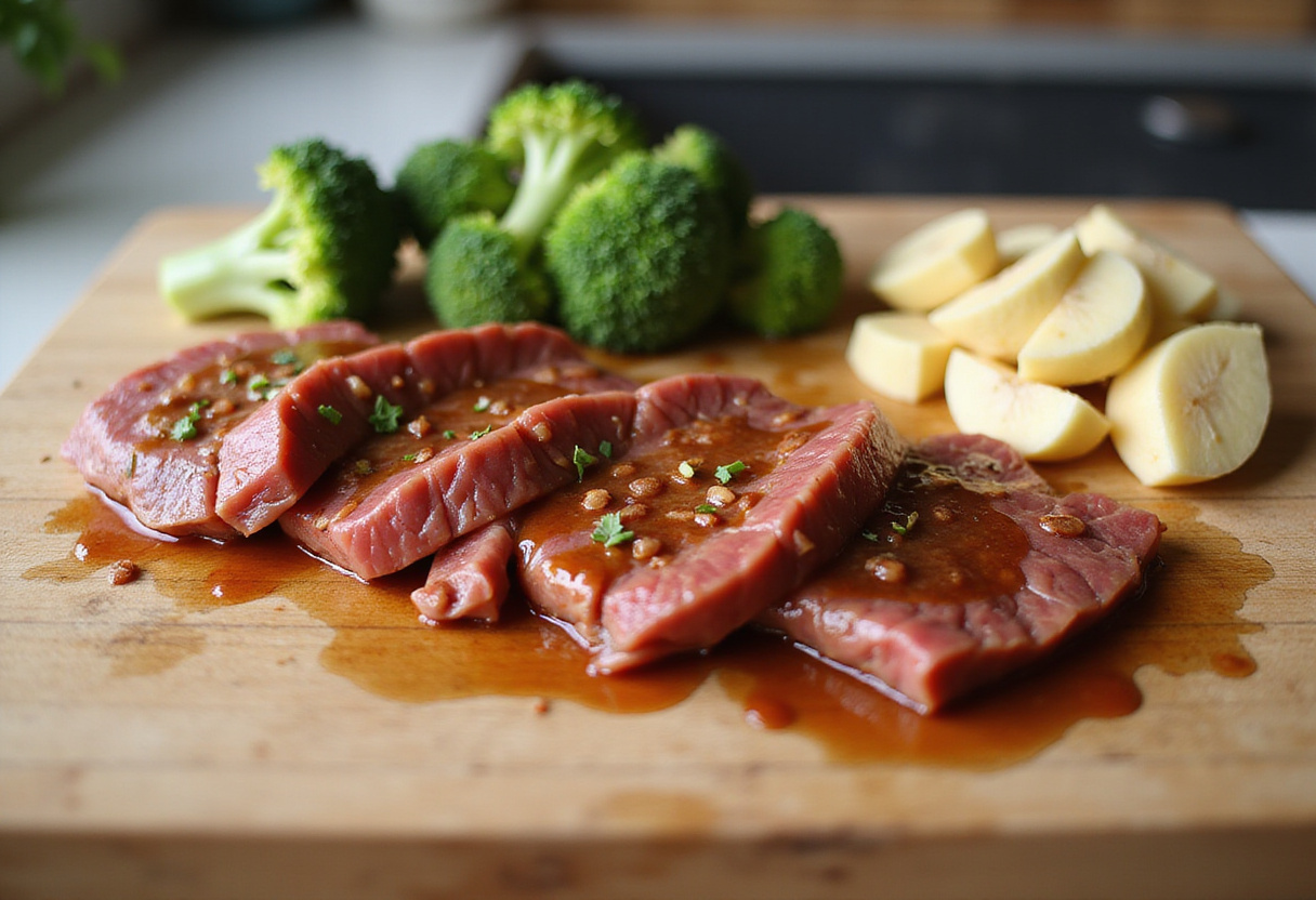 Fresh ingredients for Chinese Beef and Broccoli, showcasing marinated beef, vibrant broccoli, and ginger on a cutting board.