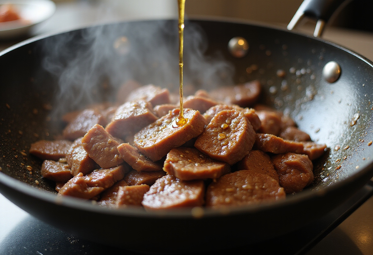 Beef stir-frying in a hot wok with sesame oil and vegetables, illustrating the cooking process of Chinese Beef and Broccoli.
