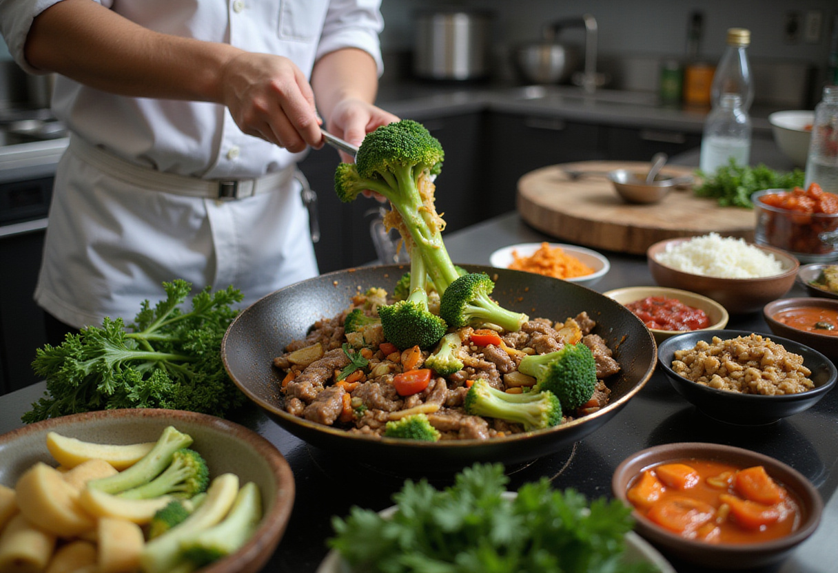 A chef adding broccoli to a wok, highlighting the vibrant colors and aromas of Chinese Beef and Broccoli as they combine.