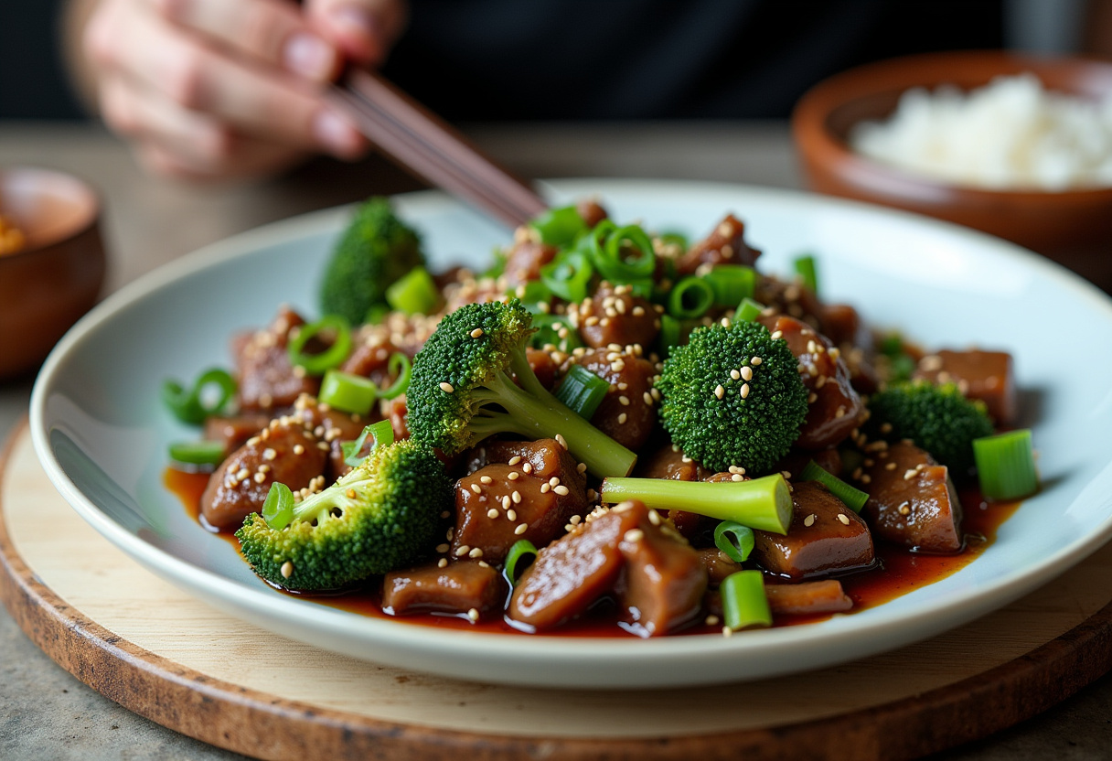 Perfectly plated Chinese Beef and Broccoli garnished with sesame seeds, showcasing the deliciousness of this Asian-inspired dish.