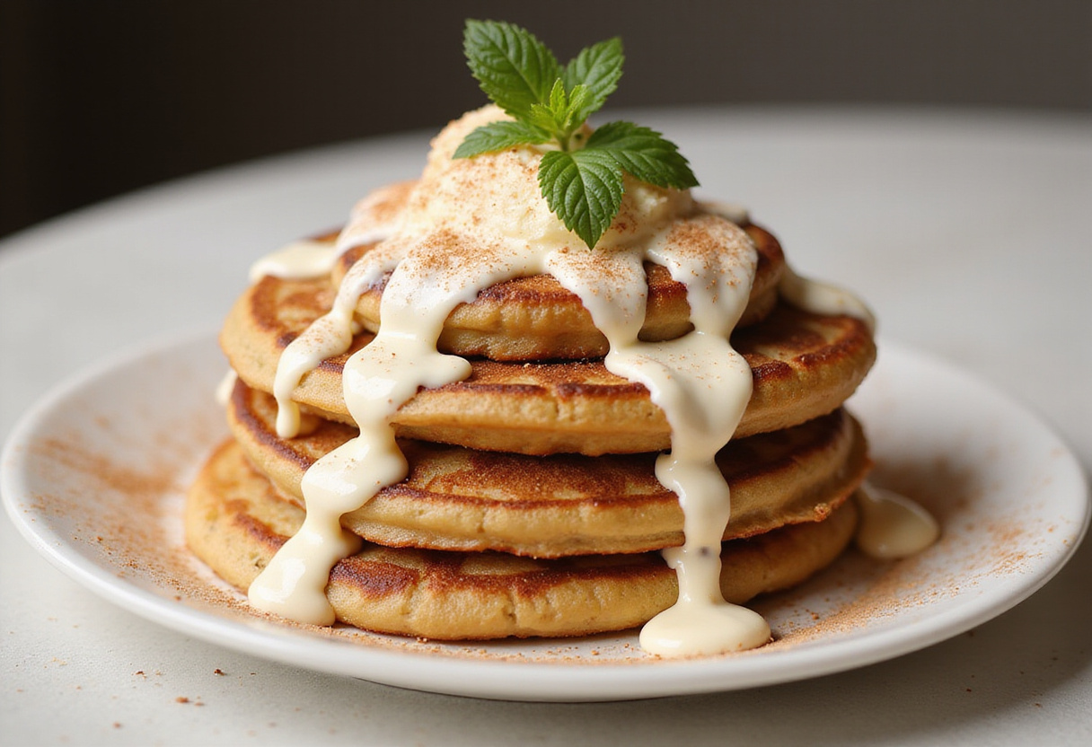 Delicious Cinnamon Roll Pancakes display with cream cheese frosting and cinnamon, perfect for breakfast.