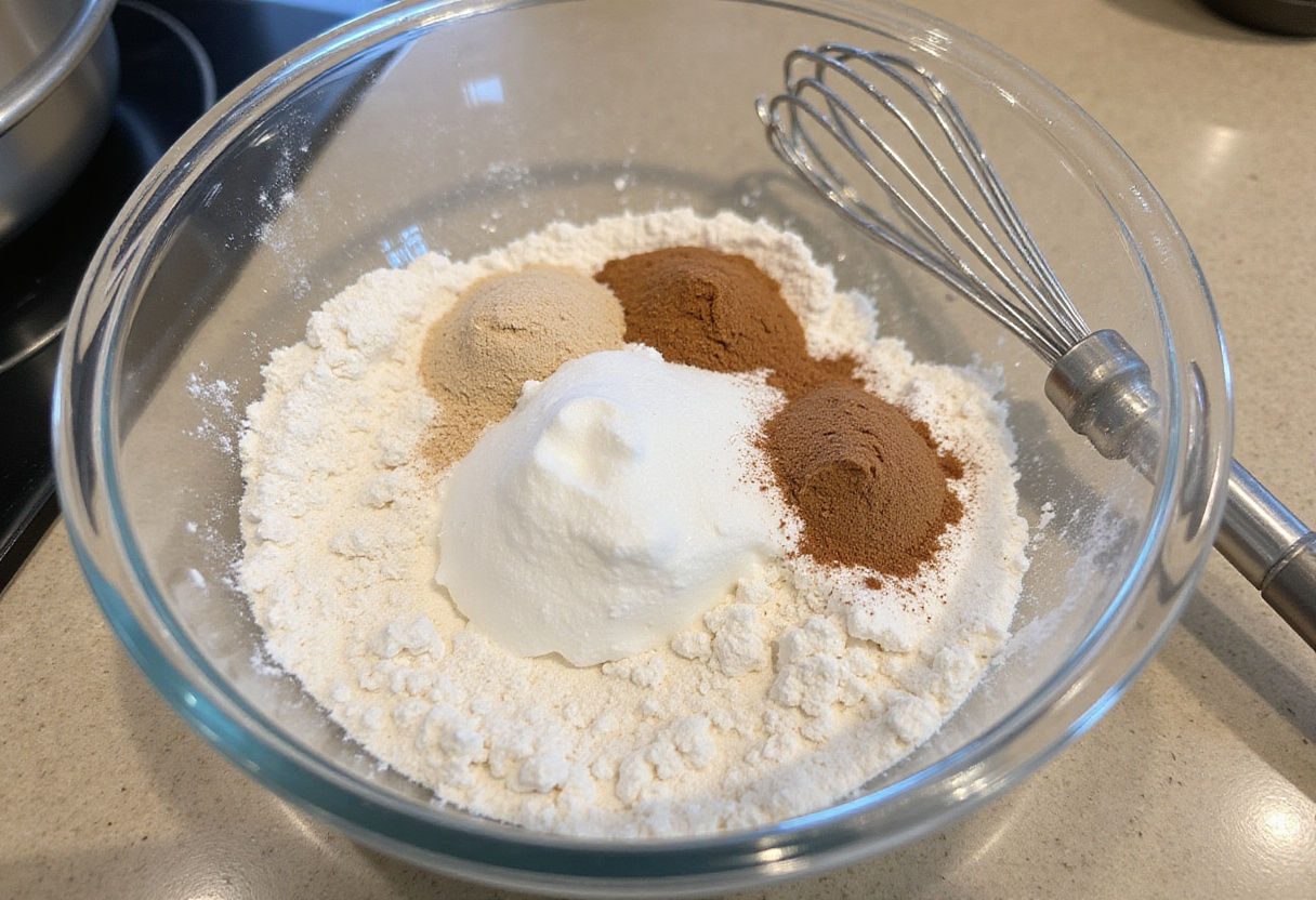 Ingredients for Cinnamon Roll Pancakes including flour, sugar, baking powder, and cinnamon ready for mixing.