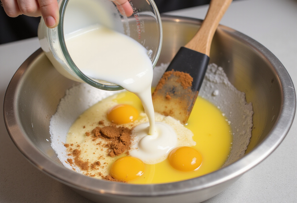 Liquid ingredients for fluffy Pancakes including milk, eggs, and butter prepared for Cinnamon Roll Pancakes.