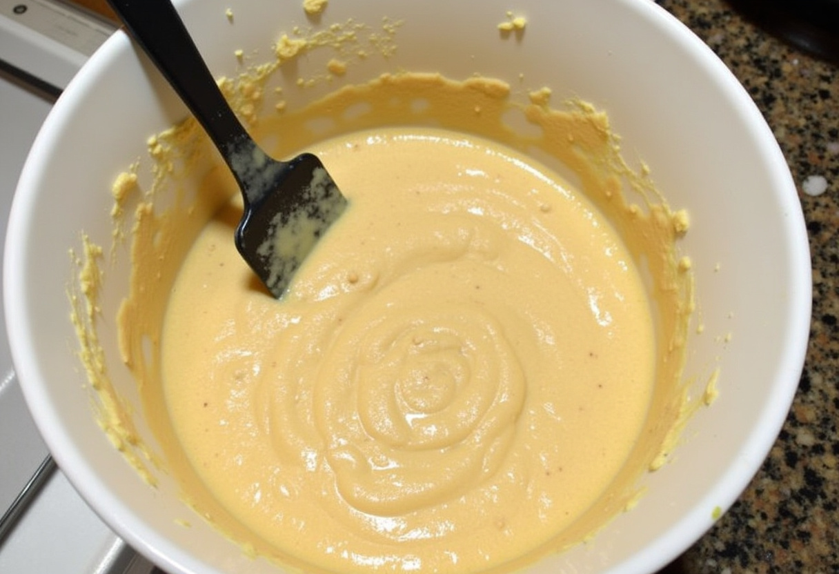 Batter preparation for Cinnamon Roll Pancakes, showing a creamy texture forming after mixing wet and dry ingredients.
