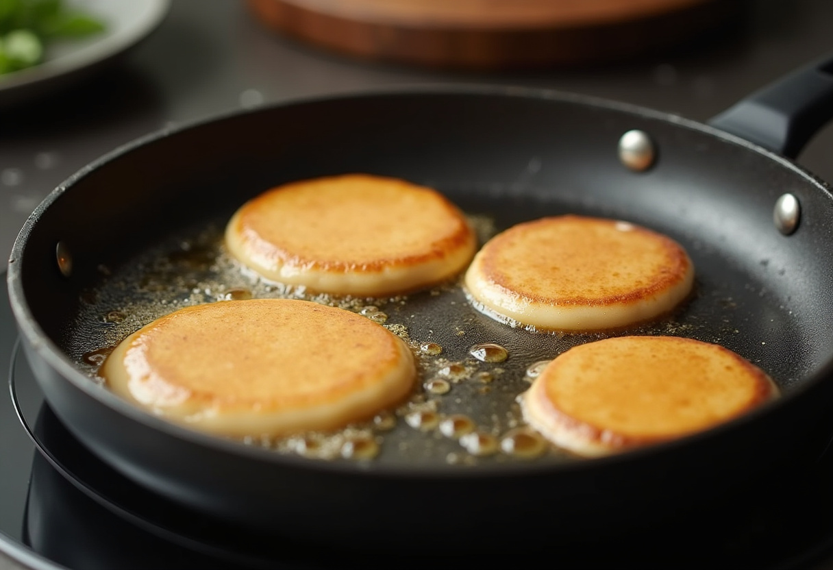 Cooking process of Cinnamon Roll Pancakes in a frying pan, showcasing batter being cooked to perfection.