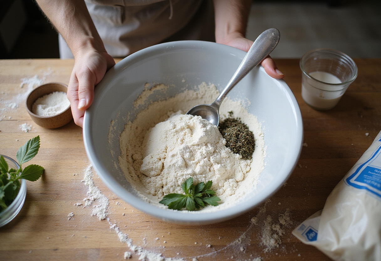 Mixing flour, yeast, and Italian herbs for homemade Italian Herb & Cheese Bread resembling Subway's famous recipe.