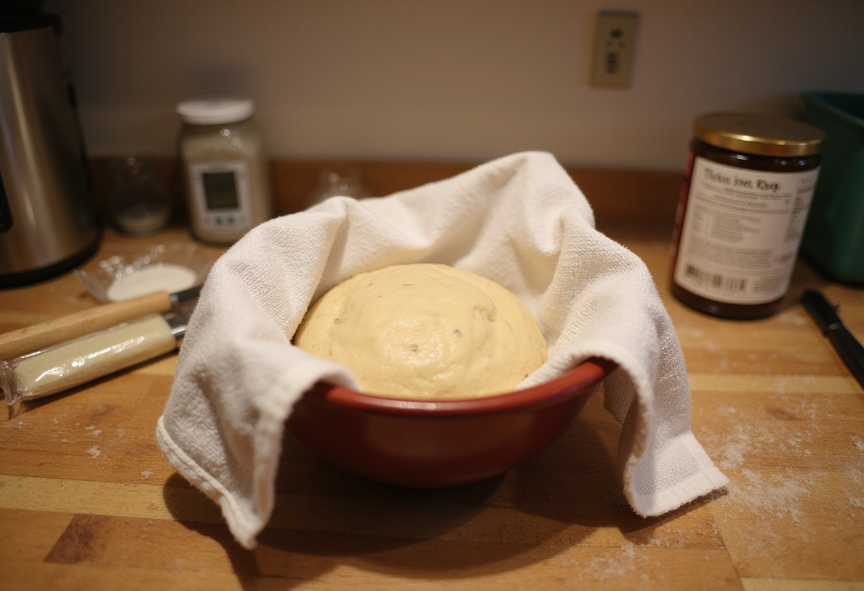 Allowing dough to rise for Copycat Italian Herb & Cheese Bread, a crucial step for achieving the desired fluffiness.