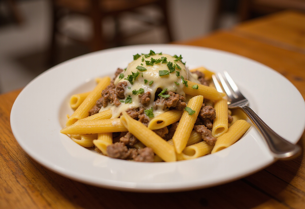Serving creamy cheesy penne with garlic butter ground beef, featuring a delicious and vibrant presentation on a rustic table.