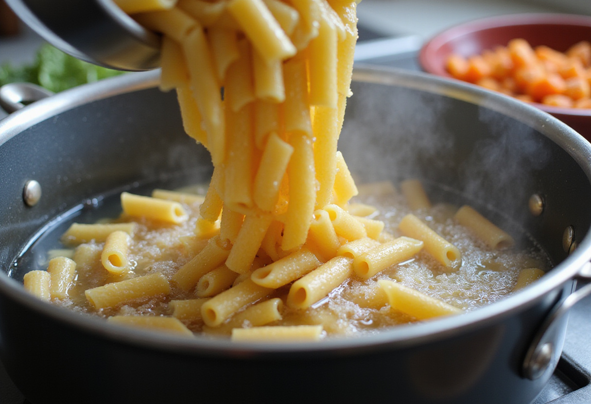 Cooking penne pasta for creamy cheesy penne with garlic butter ground beef, showcasing the pasta boiling in water.