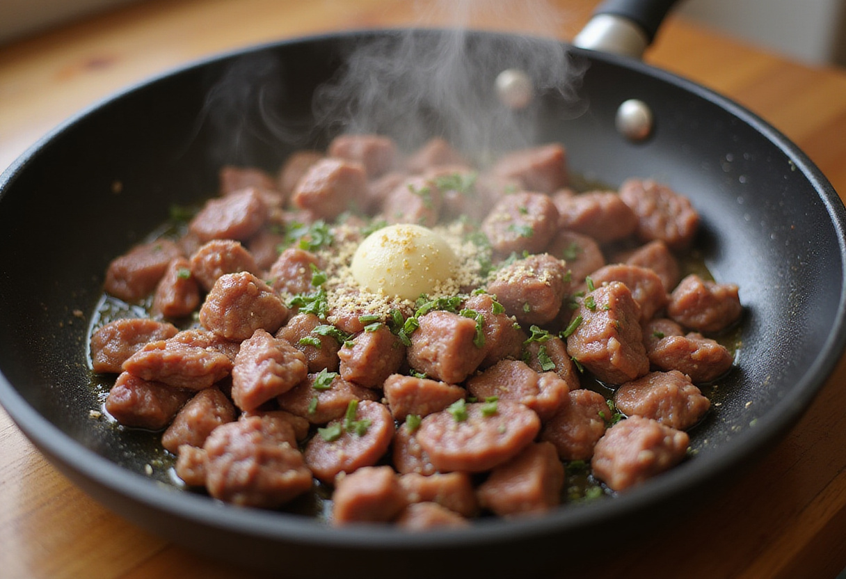 Sizzling ground beef with garlic for creamy cheesy penne with garlic butter, focusing on the beef browning in a skillet.