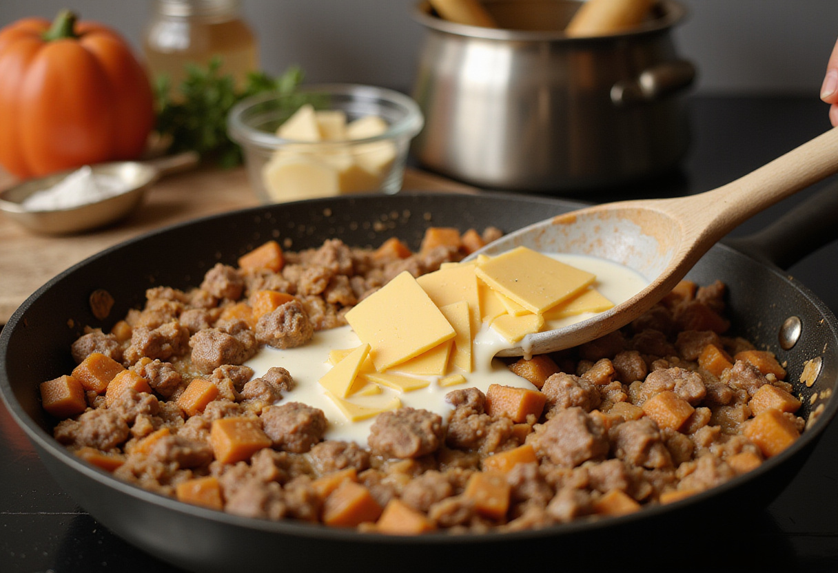 Combining cream and cheese into the ground beef mixture for creamy cheesy penne, highlighting the creamy texture in a skillet.