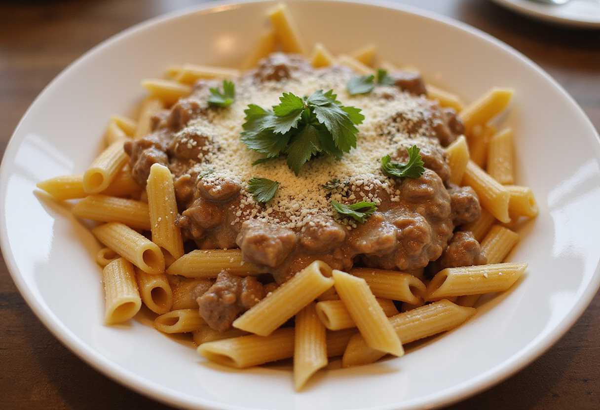 Mixing penne with creamy cheesy ground beef mixture, emphasizing the rich flavors and textures in a large bowl.