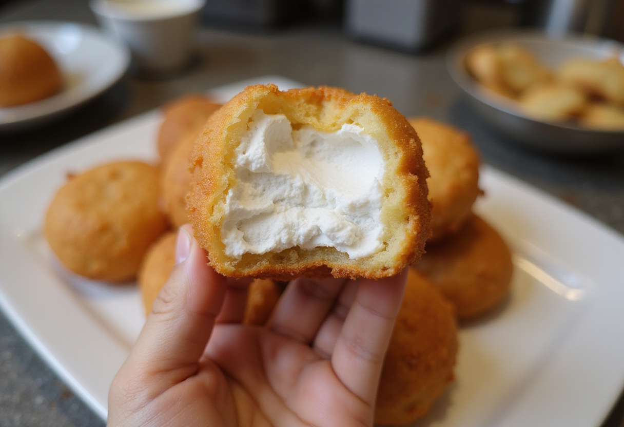 Close-up of a crispy deep fried marshmallow, highlighting its fluffy center and crunchy exterior, perfect for desserts.