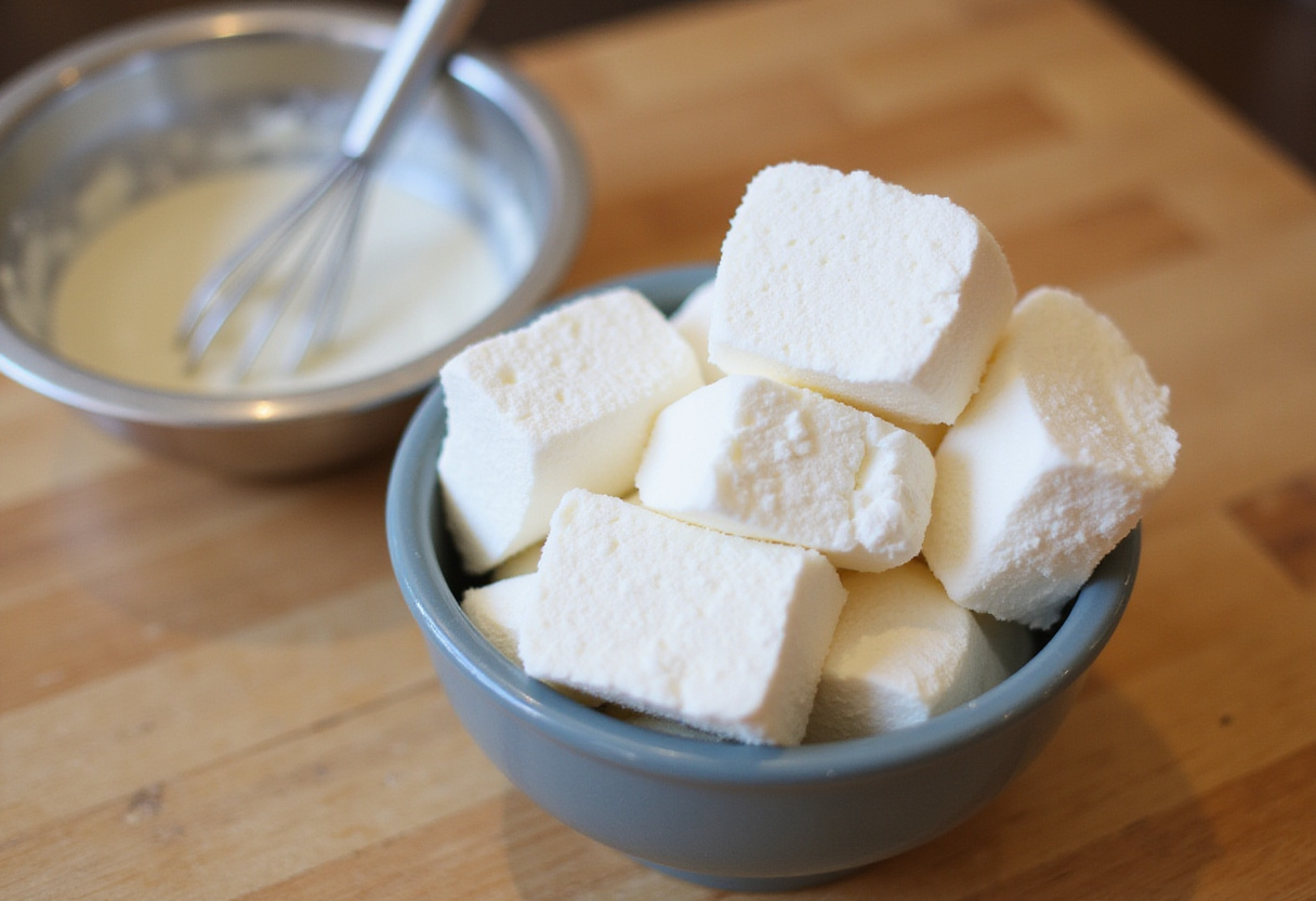 Preparing to make crispy deep fried marshmallows with fluffy white marshmallows and mixing bowl in a cozy kitchen.