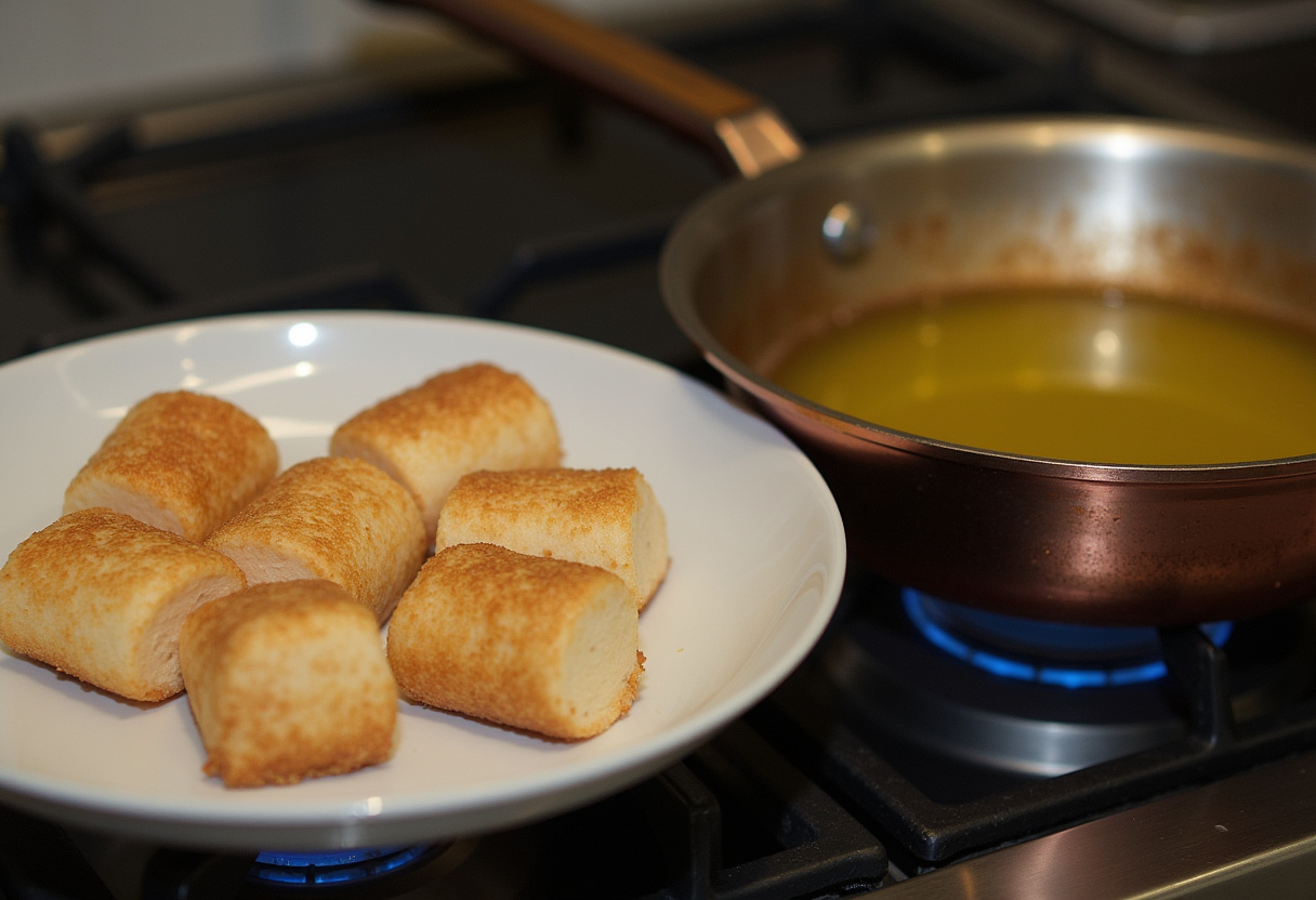 Heating oil in a pot for crispy deep fried marshmallows, with coated marshmallows prepared for frying.