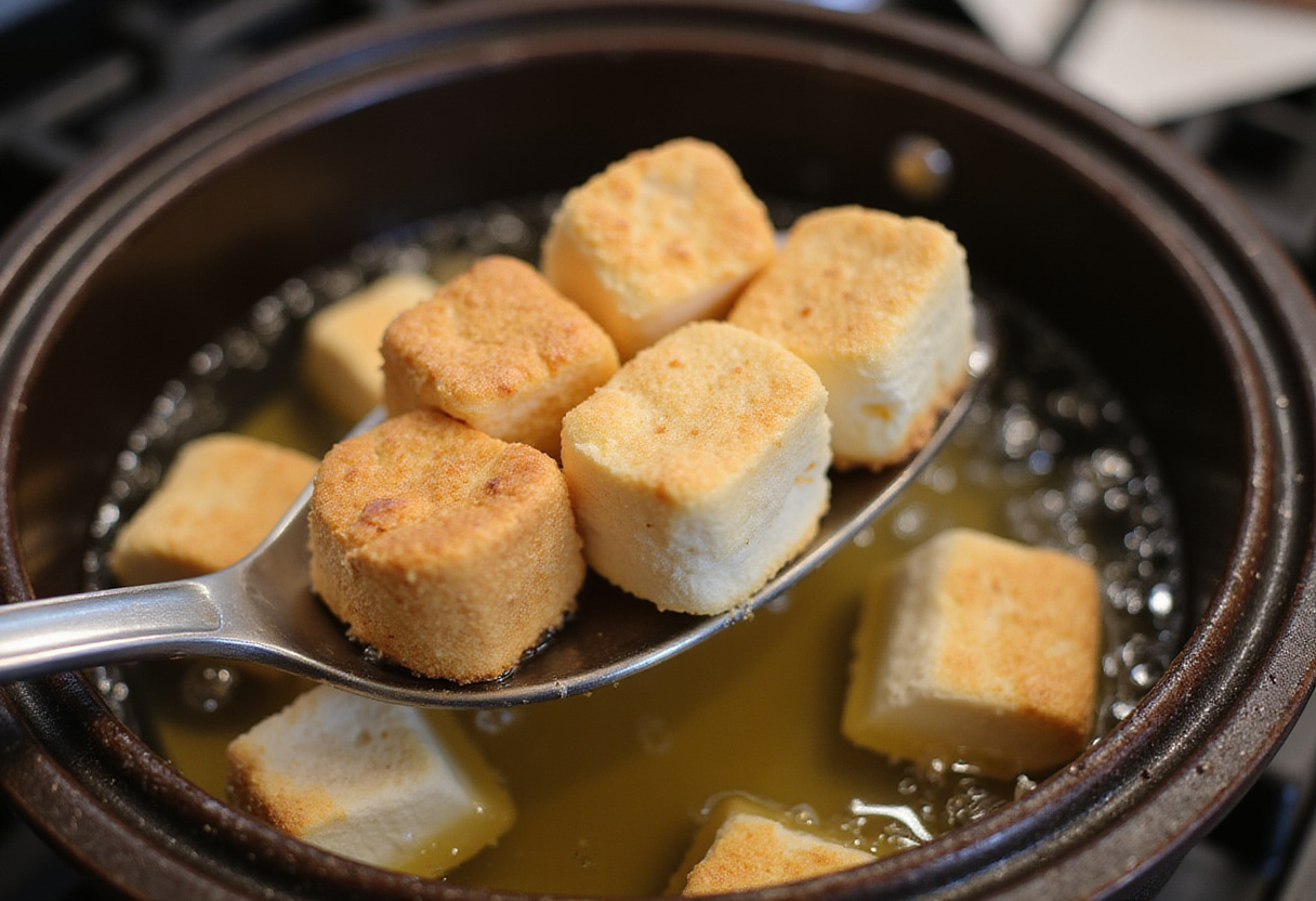 Golden-brown crispy deep fried marshmallows being removed from hot oil, showcasing their crunchy texture.