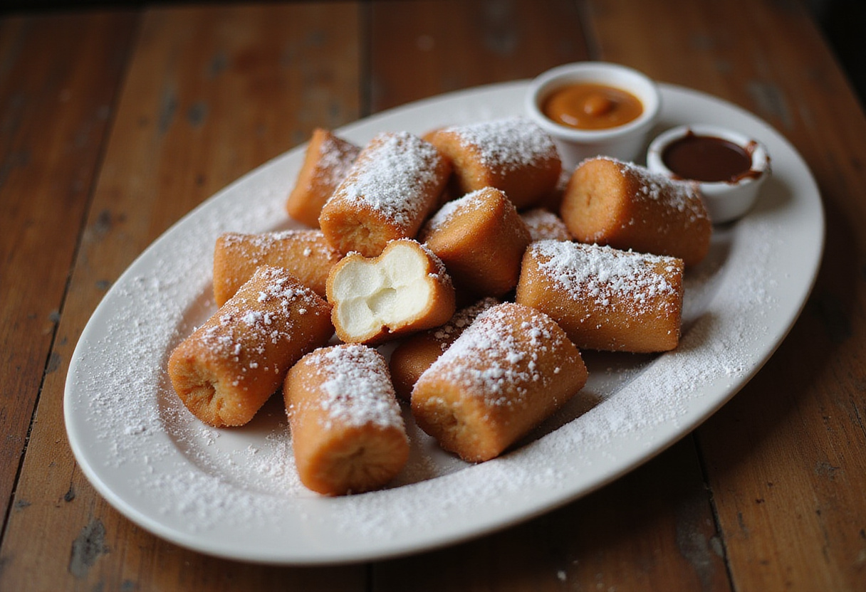 Exquisite display of crispy deep fried marshmallows on a platter, dusted with powdered sugar and accompanied by delicious dips.