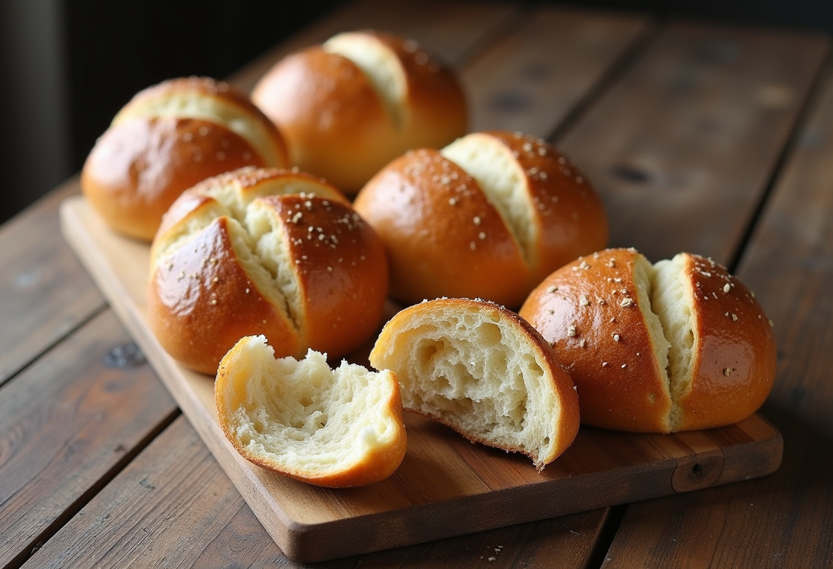 Freshly baked crusty chewy French bread rolls on a wooden surface, emphasizing the golden crust and soft, airy texture ideal for any meal.