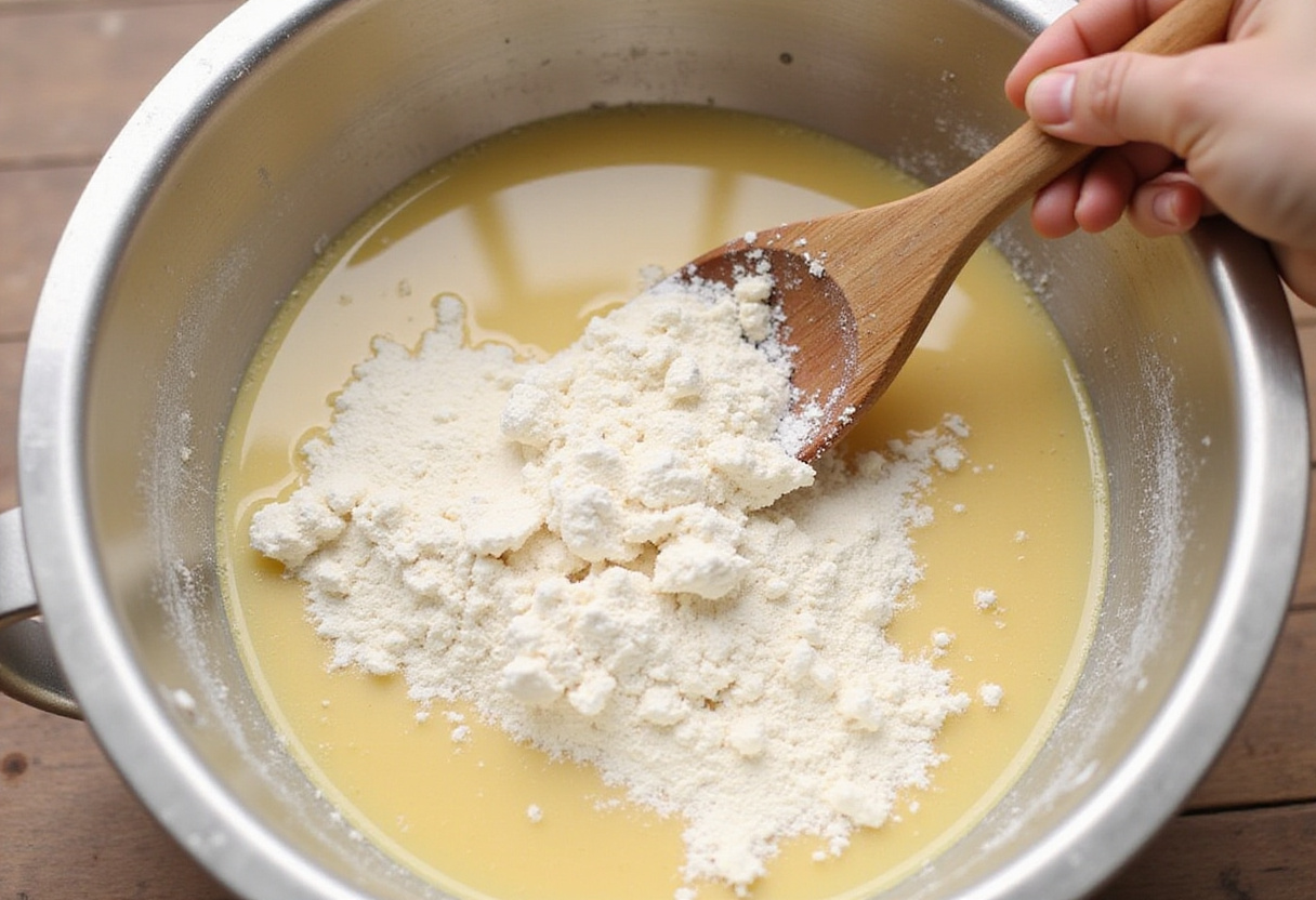 Flour, yeast, salt, and water in a mixing bowl for French bread rolls, highlighting the ingredients used in baking crusty chewy bread.