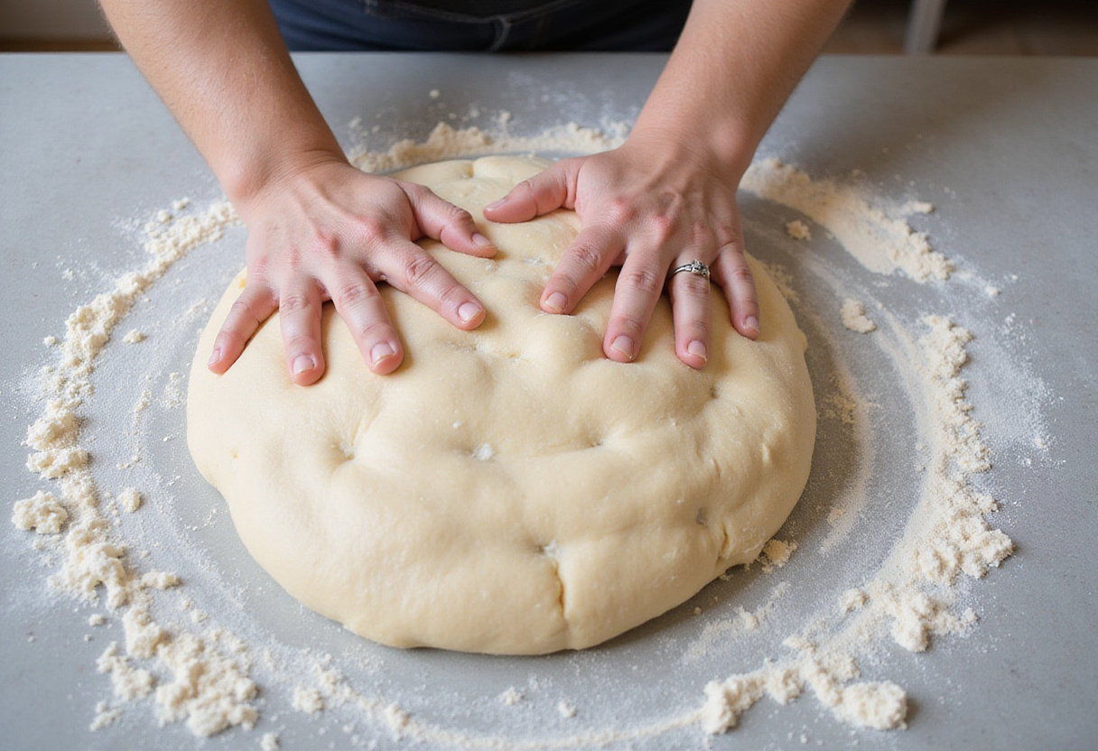 Kneading dough for French bread rolls on a floured surface, demonstrating the process of creating crusty chewy rolls with a soft interior.