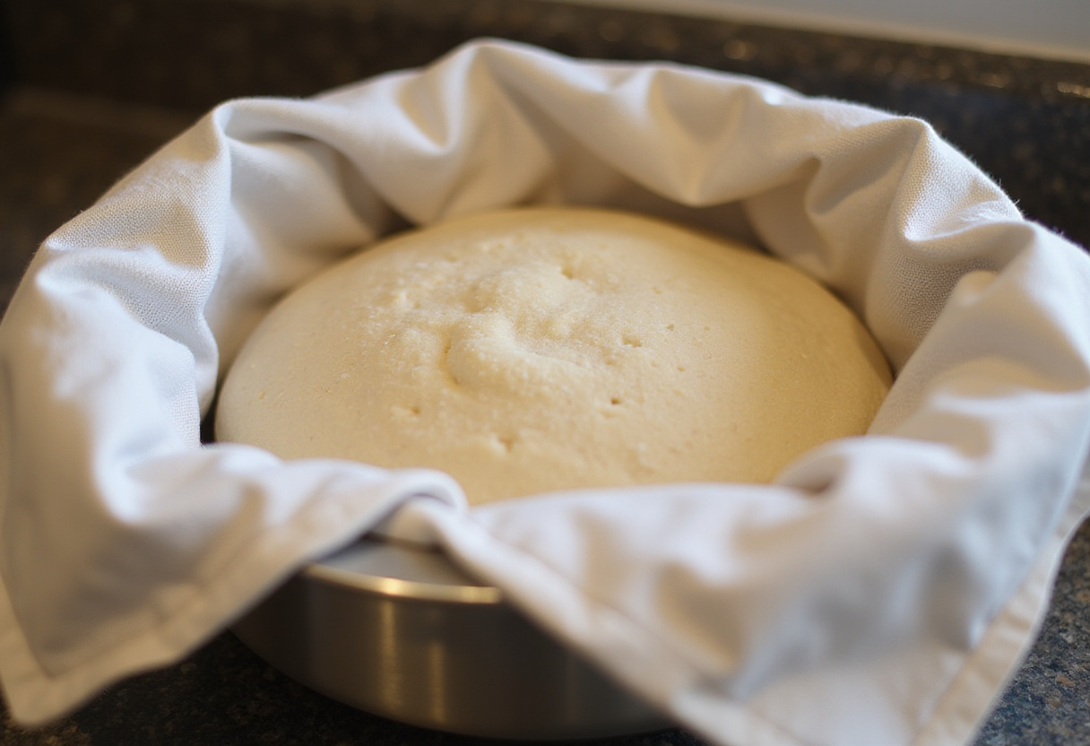 Dough rising covered in a bowl for French bread rolls, representing the fermentation process essential for crusty chewy rolls.