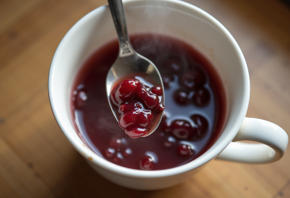 Stirring cherry preserves into brewed Earl Grey tea for a flavorful Cherry Earl Grey Milk Tea.
