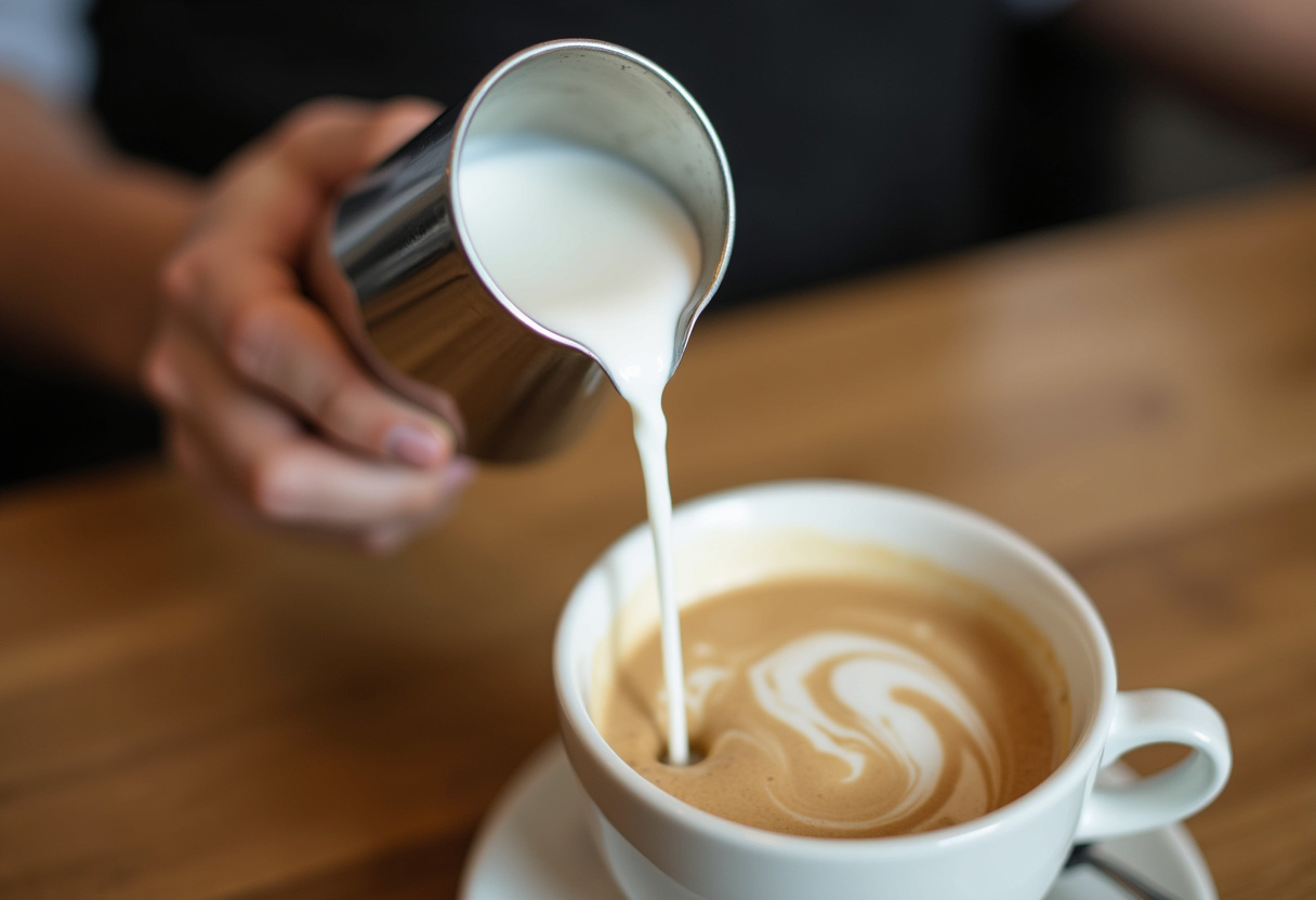 Frothing milk for Delicious Cherry Earl Grey Milk Tea, creating creamy foam for the beverage.