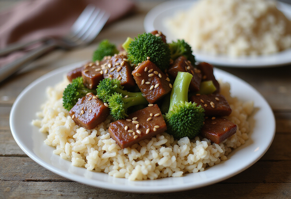 Delicious Easy Beef and Broccoli Recipe served in a bowl with rice, inviting dinner setting, perfect meal for families and gatherings.