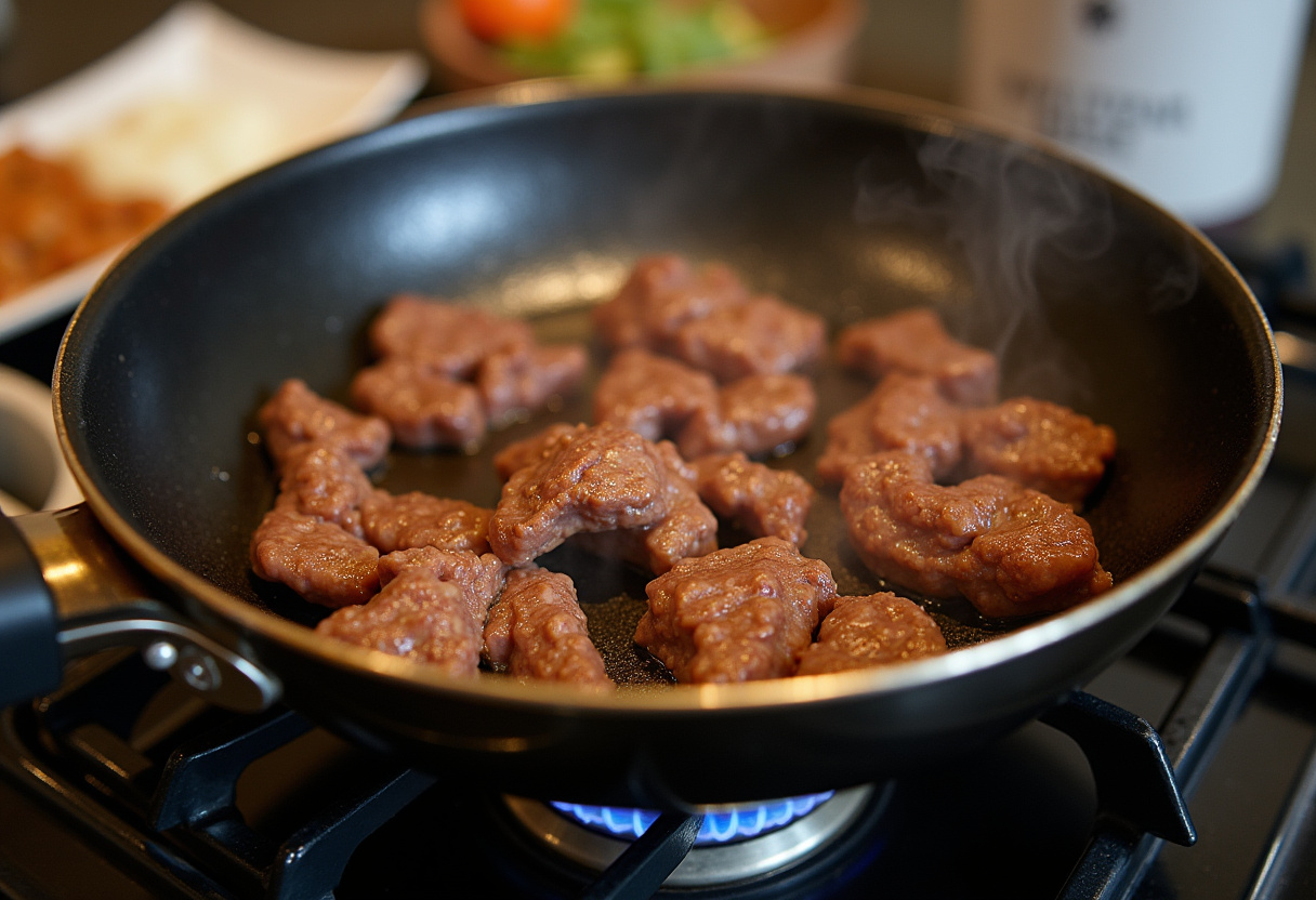 Broccoli added to seared beef for Easy Beef and Broccoli Recipe, colorful stir-fry process, healthy cooking with soy sauce and sesame oil.