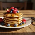 Delicious fluffy pancake stack garnished with maple syrup and fresh berries, perfect for a breakfast treat.