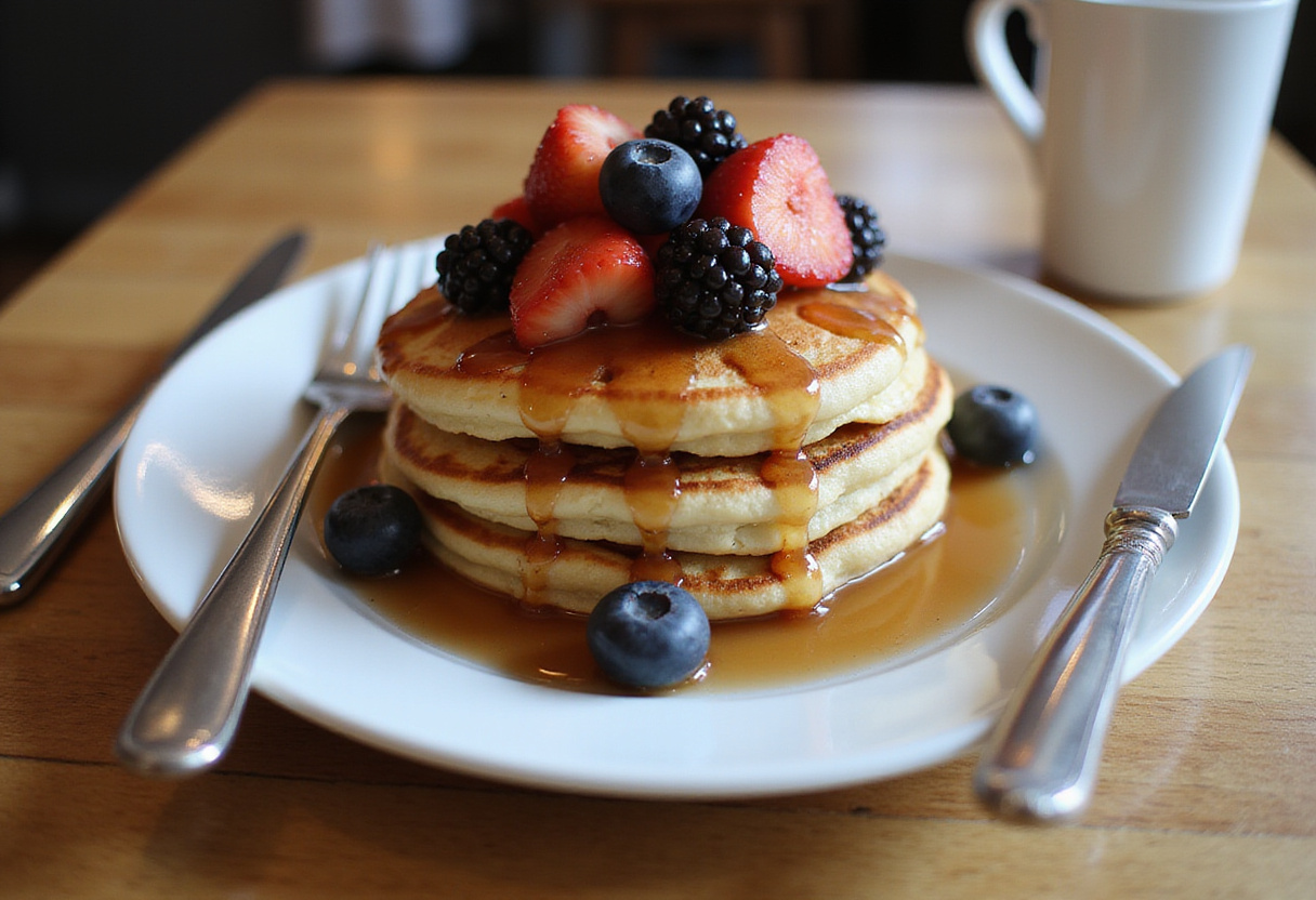 Delicious fluffy pancake stack garnished with maple syrup and fresh berries, perfect for a breakfast treat.
