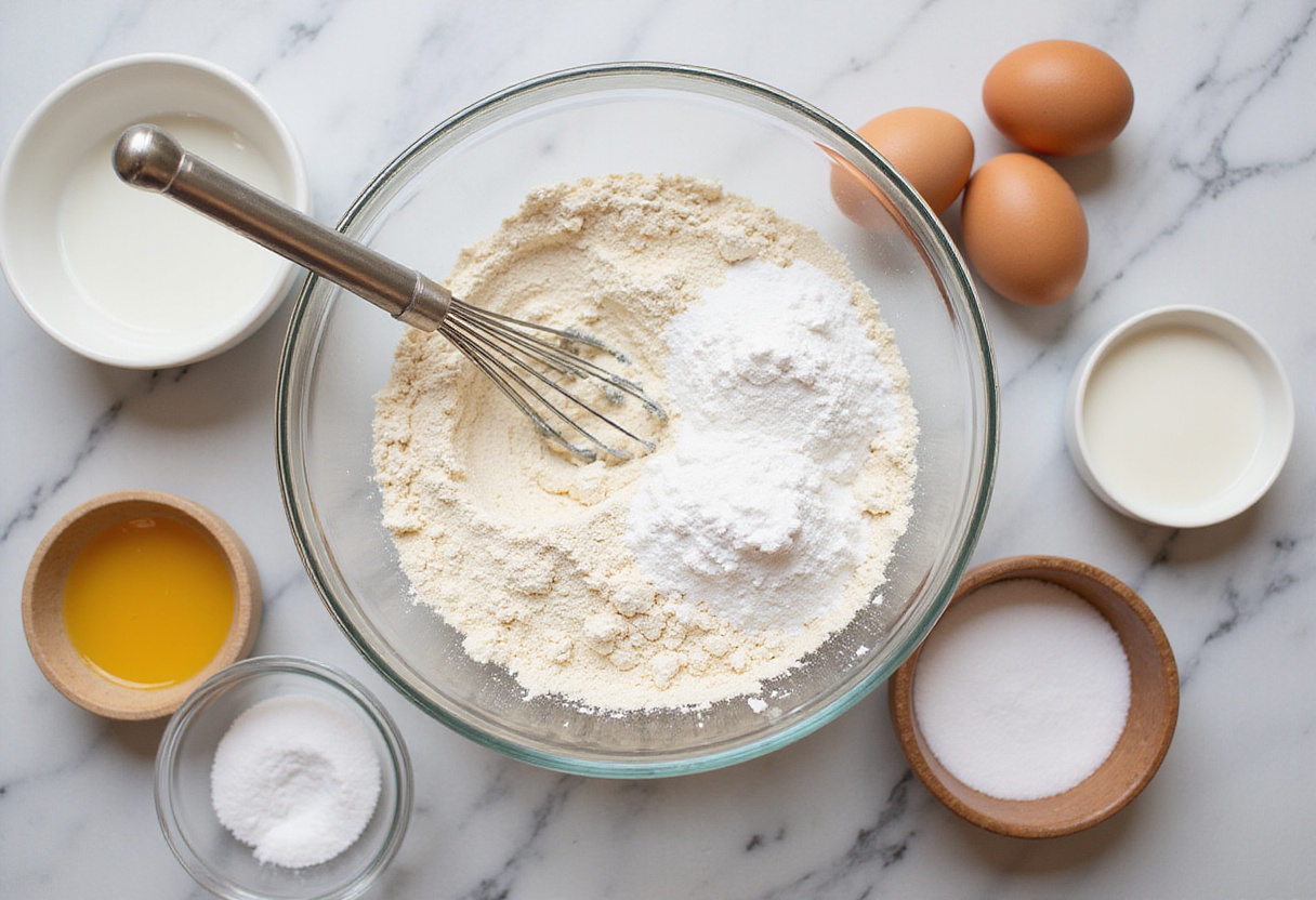 Preparing ingredients for fluffy pancake recipe with flour, baking powder, sugar, and salt in a mixing bowl.