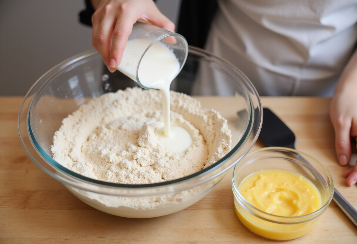 Adding milk to the fluffy pancake batter using dry ingredients and whisked eggs for a delicious breakfast meal.